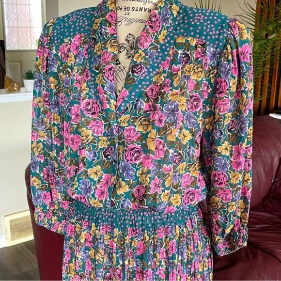 Vintage Diane Freis Maxi Dress Floral, Pleated w/ Shoulder Pad Bohemian - Picture 3 of 14
